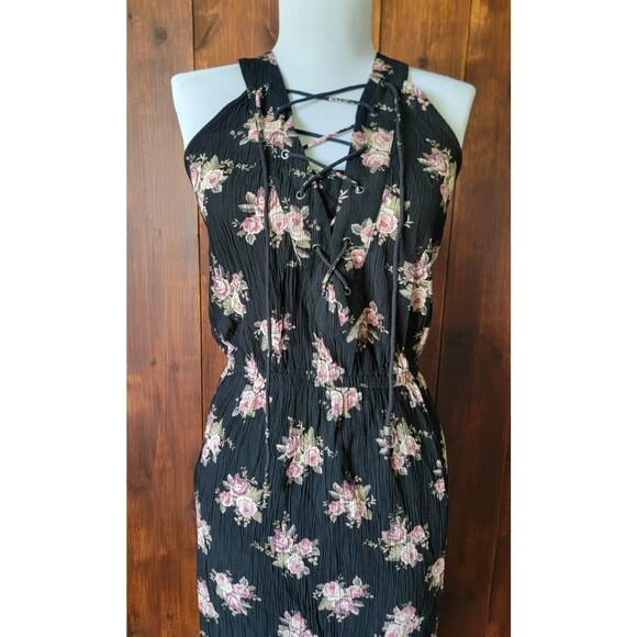 American Eagle Women Sm. Maxi Dress Black Floral Cottagecore Sleeveless Keyhole - Picture 4 of 16